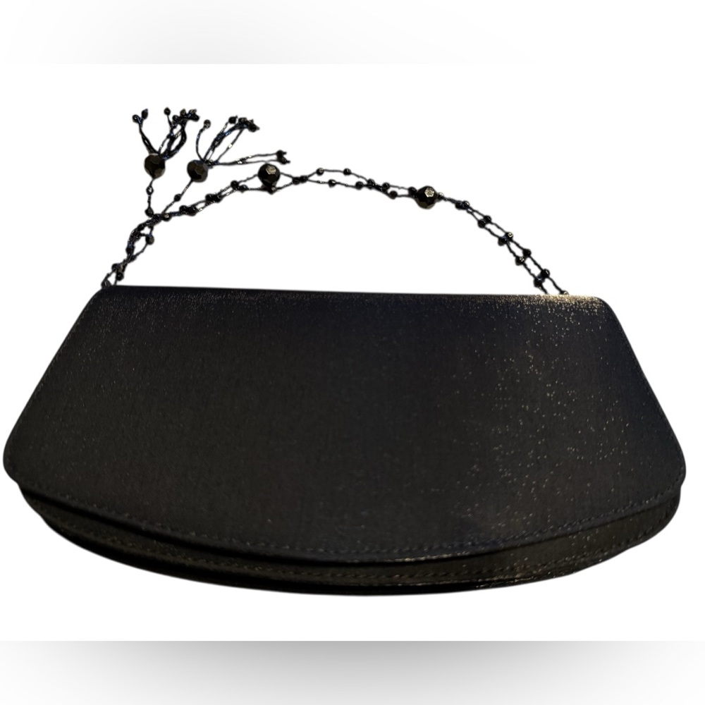 La Regale Black Satin Evening Clutch Unique Beaded Strap Crossbody Convertible